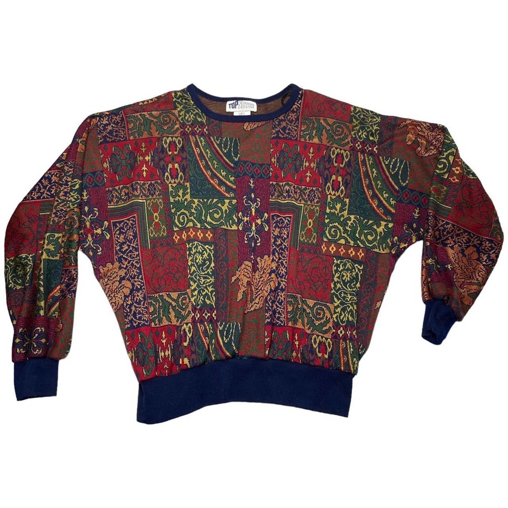 Vintage 90's Top Notch Abstract Pattern Multicolor & Navy Sweater Long Sleeve